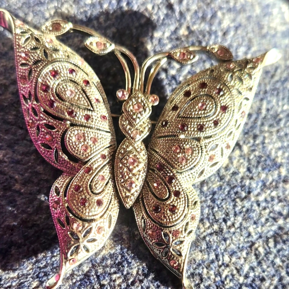 *2/15$*Vintage butterfly brooch silver with pink/purple rhinestones